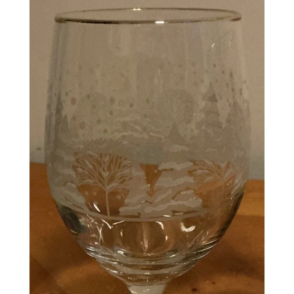 Libbey Winter Scene Set Of 3 Wine Water Glasses Frosted Trees Gold Rims - Picture 4 of 9